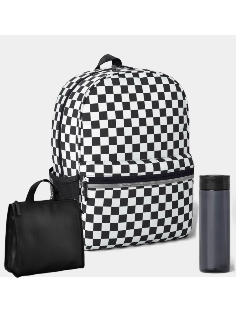 Checkerboard Black & White Lunch Bag Water Bottle Backpack Set Kids Women’s Men